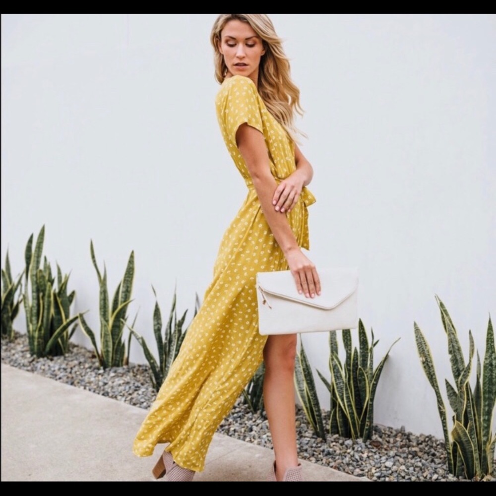 Vici collection yellow floral wrap maxi dress